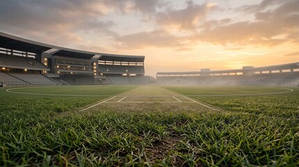 Fototapeta premium Empty football stadium with green grass pitch and grandstands at sunset