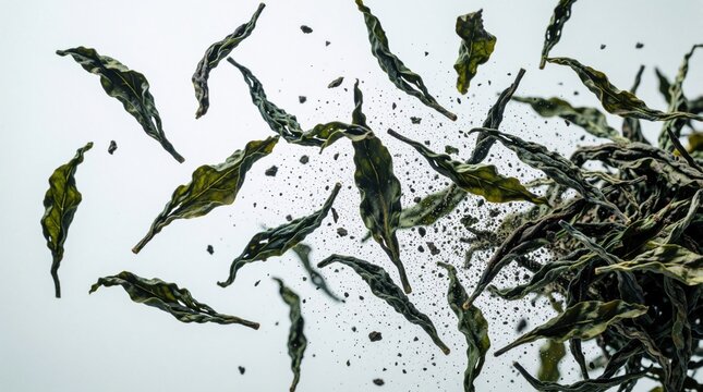 Dried teal green leaves fly off into dust on white background. Fragile organic plant parts scatter, disintegrate in motion. Minimalist nature composition shows particles dispersing through air.