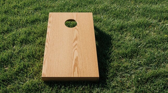 Wooden cornhole board with circular hole on green grass lawn. Outdoor backyard game setup for lawn bowling and toss competition. Summer park recreation equipment for family fun and party activities.