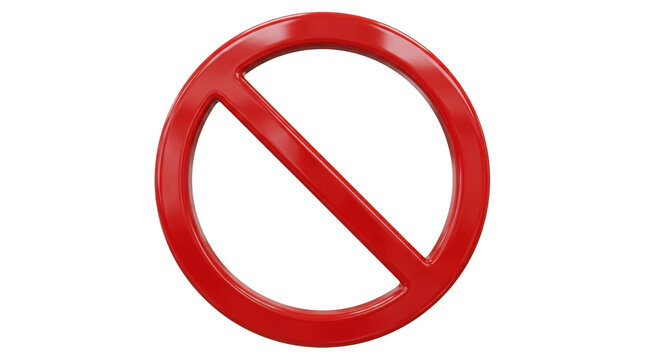 Glossy red prohibition sign circle with slash isolated on transparent background template.