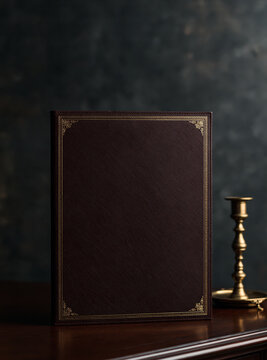 Elegant vintage leather book cover mockup with gold border frame standing on wooden desk with antique candlestick on dark wall background.