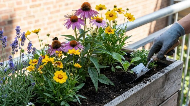 urban pollinator habitat planting closeup Person planting colorful flowers in a wooden planter on a balcony.