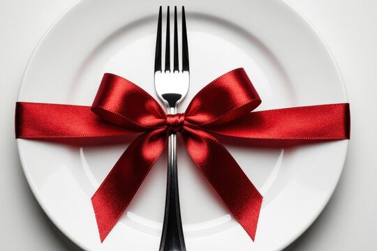 Elegant white plate with silver fork tied with big red satin ribbon. Festive dining concept for Christmas dinner wedding banquet. Creative food presentation for holiday party, special event