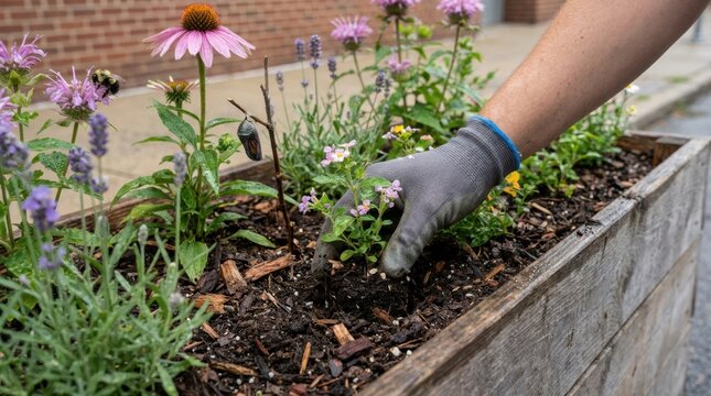 urban pollinator habitat planting closeup Hand wearing glove planting flowers in an urban garden box outdoors.