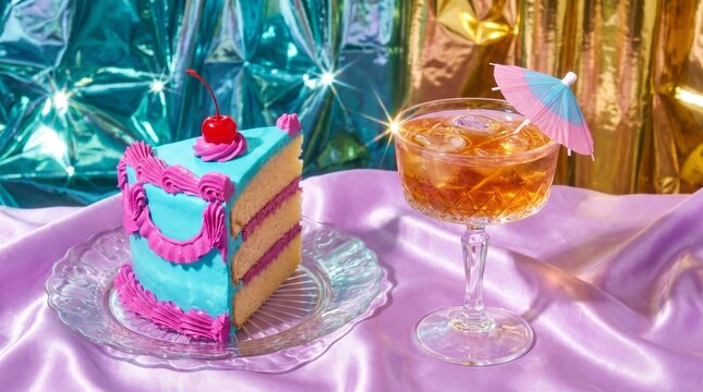 Retro birthday cake slice with blue frosting and cherry, alcoholic cocktail glass, glittery party background for event celebration, night life design