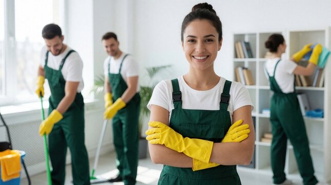 Pro cleaning service team in green overalls, yellow gloves smiles at camera in modern office. Diverse staff members perform housekeeping tasks like mopping floor, dusting shelves. Happy employees