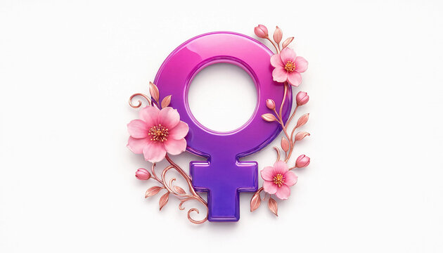 Female gender symbol with pink flowers and gold vines on white background representing femininity and empowerment