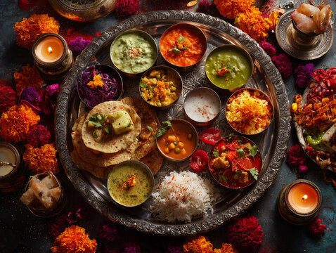 luxurious Indian festive thali featuring colorful vegetarian dishes, rice, vegetables, lentils, chutneys and traditional sweets, surrounded by diyas and marigold flowers