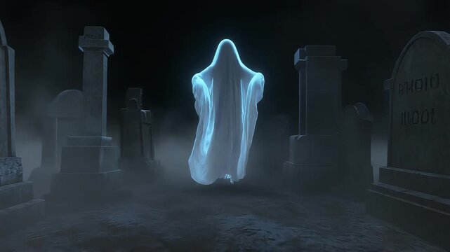 Eerie white ghost floating within dark foggy cemetery at night motion video clip featuring glowing spectral spirit rising upwards slowly