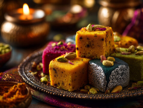 macro close-up of colorful traditional Indian mithai with pistachios, saffron and edible silver leaf, luxurious festive lighting, highly detailed photorealistic food photography, no people, no text