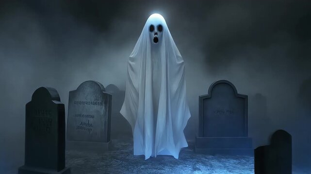 Scary sheet ghost floating between old gravestones in a dark foggy cemetery during night time motion horror movie digital animation