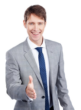 Handshake, happy and portrait with business man in studio for welcome, investment deal and offer. ROI asset success, shaking hands and thank you with person on white background for partner and smile