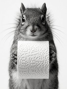 Funny fluffy squirrel holds white toilet paper roll with small paws. Cute rodent looks at camera grasping bathroom tissue. Black, white close up shot of wild animal with funny paper roll. Hilarious