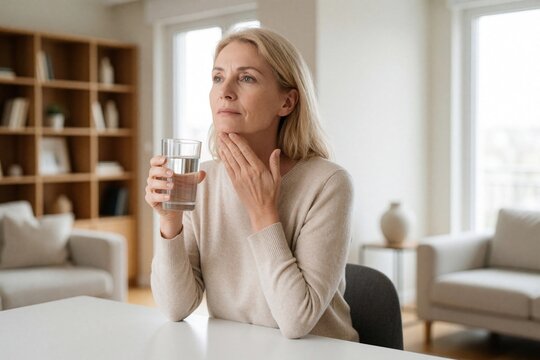 Middle aged woman holding glass of water touches throat with pain. Female patient suffers from sore throat, difficulty swallowing. Adult lady feels discomfort drinking liquid at home. Unwell person