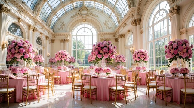 Round tables draped in pink linen hold tall rose floral arrangements inside grand palace ballroom. Gold chiavari chairs line reception seating beneath glass dome ceiling. Bright sunlit conservatory