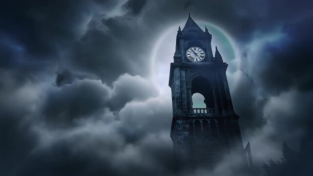 Gothic clock tower stands beneath a glowing full moon with swirling dark storm clouds in this mysterious cinematic motion video
