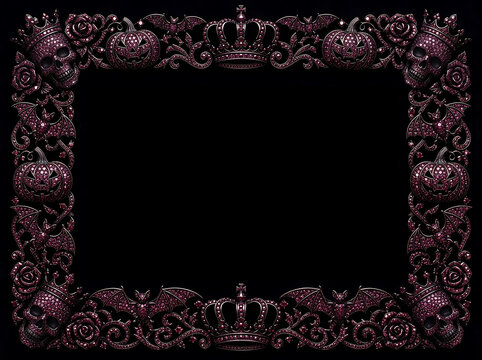 Dark red gemstone halloween frame with skulls crowns and carved pumpkins.