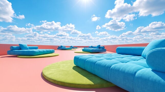 Minimalist modern rooftop patio with luxury blue sunbeds, vibrant outdoor lounge terrace, sunny sky luxury resort architecture