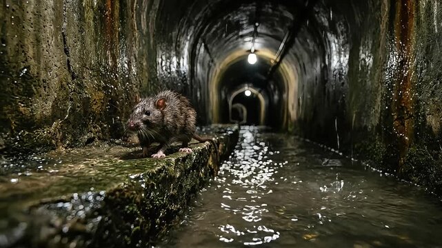 Brown rat standing cautiously on a wet ledge inside a dark underground sewer tunnel captured in cinematic motion video footage