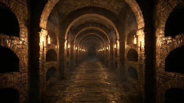 Dark stone dungeon corridor with glowing orange torches lining long brick arches creating intense atmospheric motion in this cinematic video