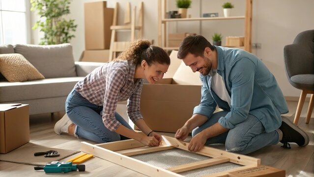 Happy young couple working together to assemble new furniture in their bright modern apartment, symbolizing teamwork, new beginnings, and shared home improvement projects.