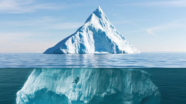 Iceberg with seals in ocean, split view above and below water