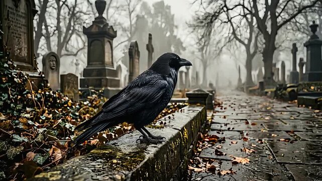 Black crow perched on stone wall in misty cemetery setting with cinematic lighting for moody gothic atmospheric horror film footage