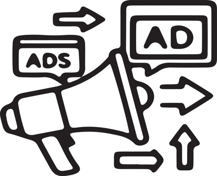 Vector illustration of megaphone with speech bubbles and arrows on white background ads promotion marketing communication advertising icon transparent black outline flat