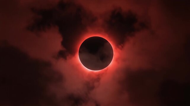 Total solar eclipse featuring dark lunar disk surrounded by glowing red corona light during an animated celestial astronomical video footage