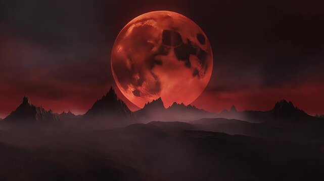 Glowing crimson moon rising over jagged dark mountain silhouettes in this atmospheric digital motion animation clip for cinematic space projects