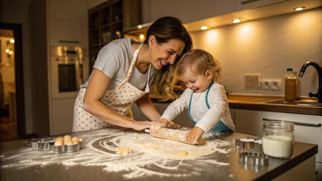 Joyful mother and toddler baking cookies together in the kitchen, covered in flour, capturing messy fun, love, and early childhood learning moments.