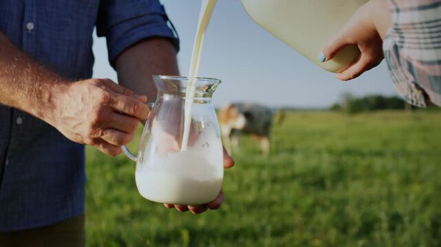 Fresh organic milk being poured from large jug into glass pitcher against backdrop of green meadow and cow.