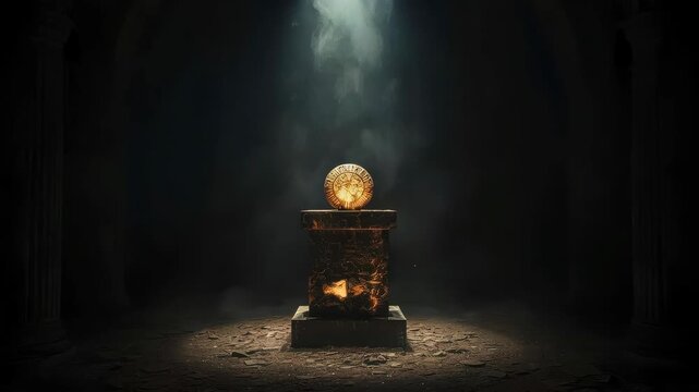 Ancient Stone Pedestal Holding Glowing Ornate Clock in Dark Temple Chamber with Dramatic Smoke