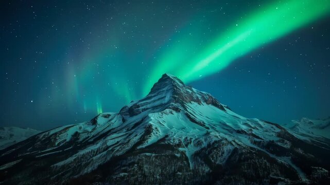 Snow Mountain Aurora Night Landscape Beneath Starry Sky Northern Lights Glow