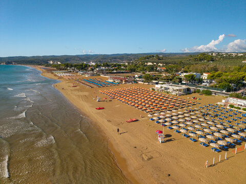 Aerial view of the sandy Spiaggia di Castello beach in Vieste, Italy