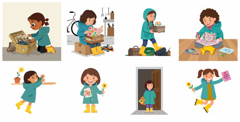 Fototapeta premium Cute little girl making DIY Mother's Day card and gifts illustration set, happy childhood memories concept