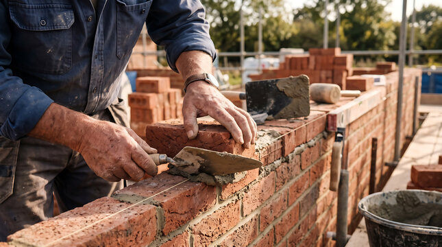 Masonry worker laying red clay bricks on a construction site, using a metal trowel to apply mortar to the wall surface, close-up view of hands and tools