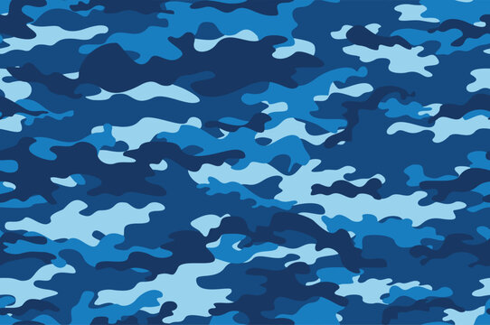 blue camouflage vector pattern, classic seamless background, trendy print design