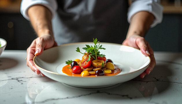 Professional chef plating aesthetic gourmet dish with colorful vegetables and sauce on white plate during advanced culinary lesson, culinary masterclass, advertising banner for cooking school website