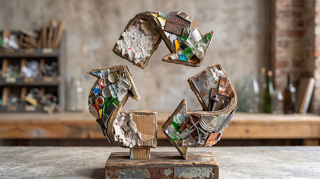 Three-dimensional recycling symbol sculpture made from assorted waste including cardboard, glass shards, metal scraps, and bottle caps, standing on a wooden base in a workshop