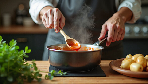 Professional chef plating aesthetic gourmet dish with colorful vegetables and sauce on white plate during advanced culinary lesson, culinary masterclass, advertising banner for cooking school website