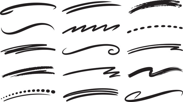Hand drawn brush strokes underline vector collection, featuring scribble underlines, swooshes, wavy lines, and text emphasis markers in ink style for graphic design and typography decoration.