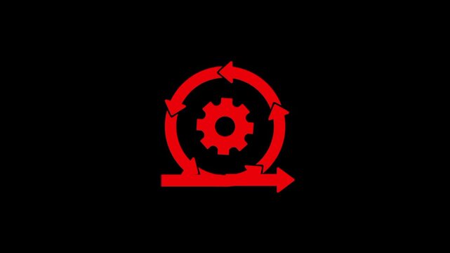 Agile development icon with a circular arrow and central gear, entirely presented in red, symbolizing iterative workflow, flexibility, and continuous progress.