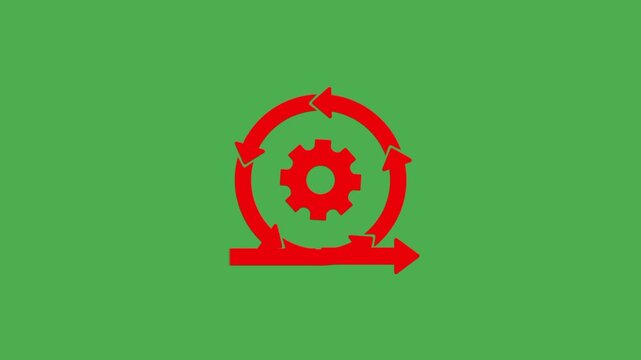 Agile development icon with a circular arrow and central gear, entirely presented in red, symbolizing iterative workflow, flexibility, and continuous progress.