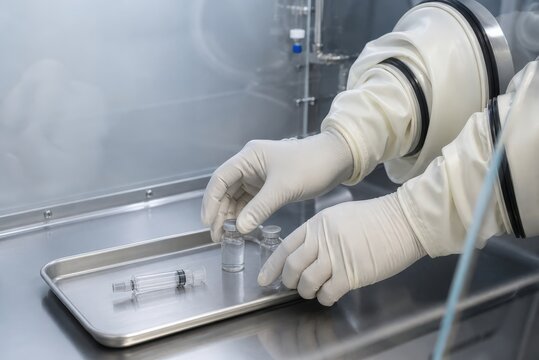 Sterile compounding pharmacy isolator gauntlets arranging a syringe and two vials