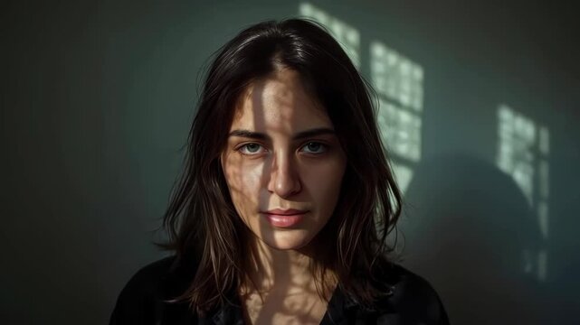Young Woman Face Portrait With Window Shadow and Dramatic Emotional Light Indoors