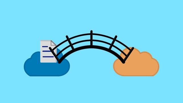 Cloud data transfer concept featuring two cloud storage systems connected by a bridge, symbolizing seamless data migration, connectivity, synchronization, and digital transfer.