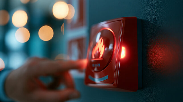 Fire alarm button displayed alongside usage instructions, safety equipment signage concept, with copy space