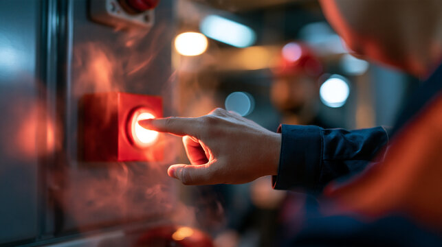 Faceless facility employee pushing a fire alarm button inside a smoke-filled industrial plant, workplace safety procedure during emergency evacuation, with copy space