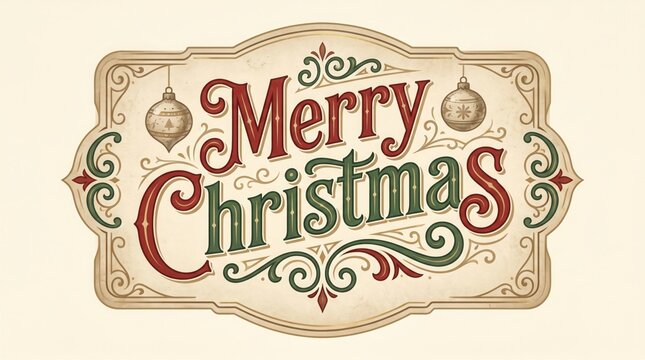 Vintage merry christmas greeting card label with decorative typography and holiday ornaments in a classic retro style isolated on transparent background